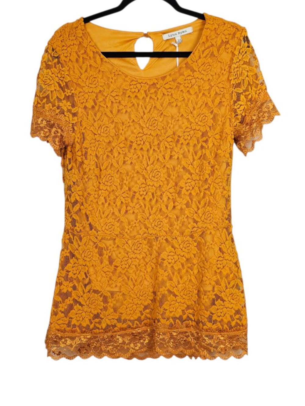 Lynn Ryan Marigold Floral Lace Overlay Boho Short Sleeve Blouse Top New Size L
